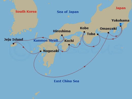 Route map for the Japan Explorer voyage, Roundtrip Tokyo (Yokohama).