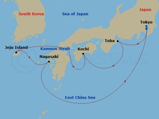 Route map for the Japan and Korea voyage, roundtrip from Tokyo.