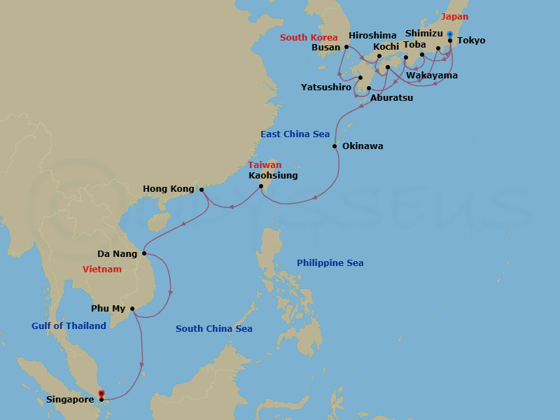 Route map for the Japan and Southeast Asia Grand Adventure voyage, sailing from Tokyo to Singapore.