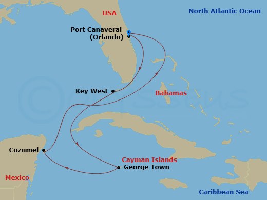 Key West, Grand Cayman & Mexico route map