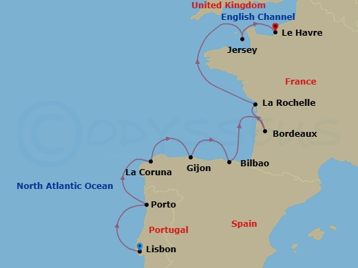 Route map: La Lumiere Du Soleil — Lisbon to Le Havre