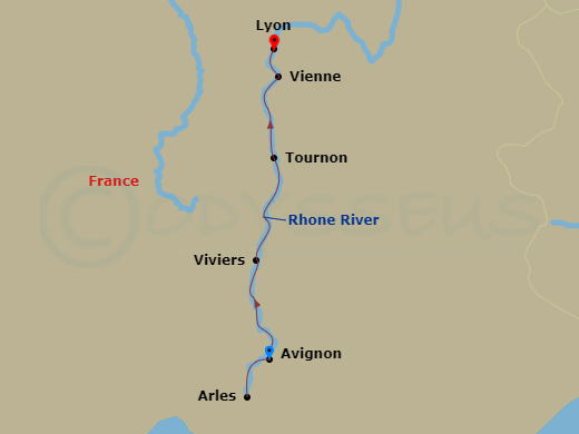Route map for the Lyon and Provence river voyage, sailing from Avignon, France to Lyon, France on the Rhone.
