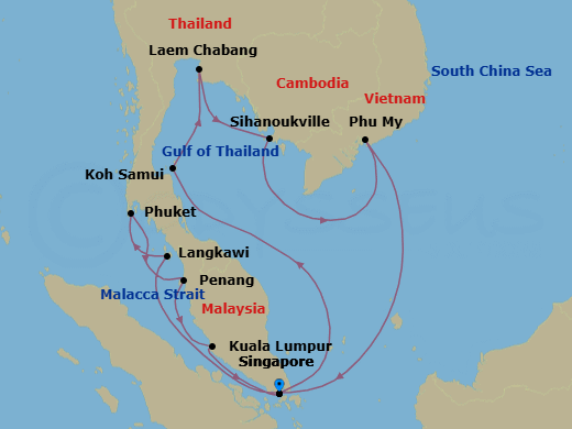 Route map for the Malaysia, Thailand and Vietnam voyage, roundtrip from Singapore.
