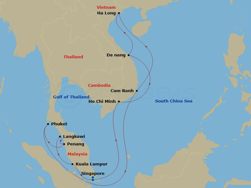 Route map for the Malaysia, Thailand and Vietnam with Halong Bay voyage, roundtrip from Singapore.