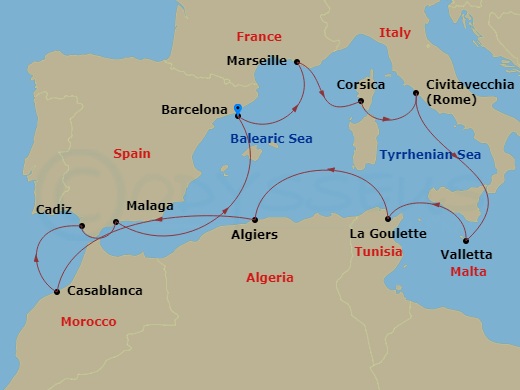 Route map for the Malta, Morocco & the Mediterranean ocean voyage, sailing roundtrip from Barcelona, Spain.