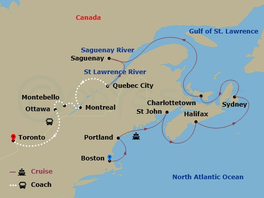 Route map for the Maple Explorer Cruisetour, Boston to Quebec City.