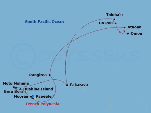 Marquesas, Tuamotus & Society Islands route map