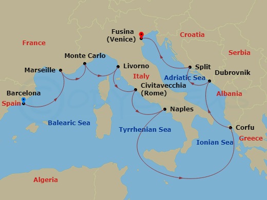 Route map for the Malta, Morocco & the Mediterranean ocean voyage, sailing roundtrip from Barcelona, Spain.