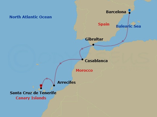 Route map &mdash; Barcelona to Santa Cruz de Tenerife