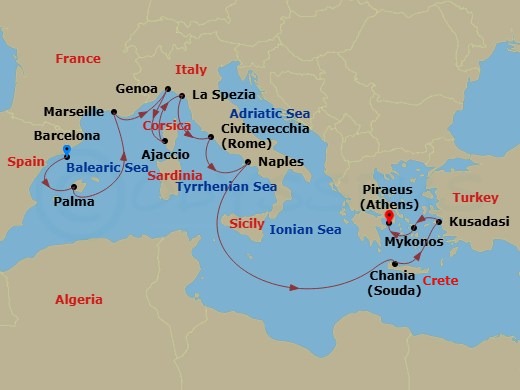 Route map for the Mediterranean with Greece, Italy & Turkey voyage, Barcelona to Athens.