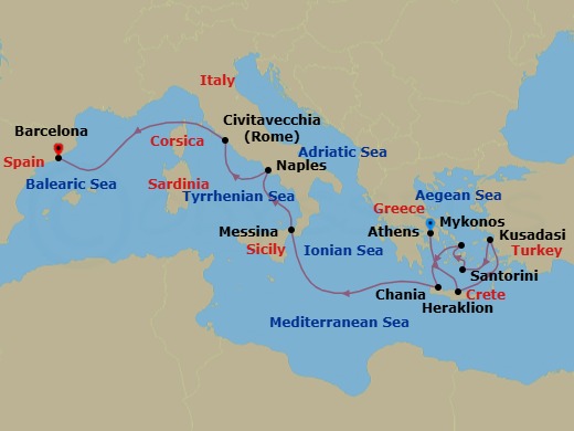 Route map for the Mediterranean with Greek Isles voyage, Athens to Barcelona.