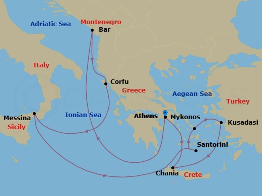 Route map for the Mediterranean with Greek Isles voyage, Roundtrip Athens.
