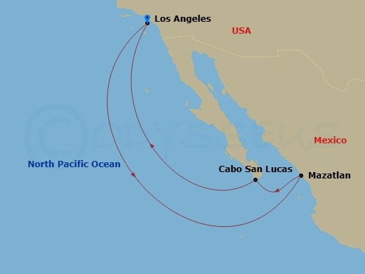 Route map for the Mexican Riviera voyage, Roundtrip Los Angeles.