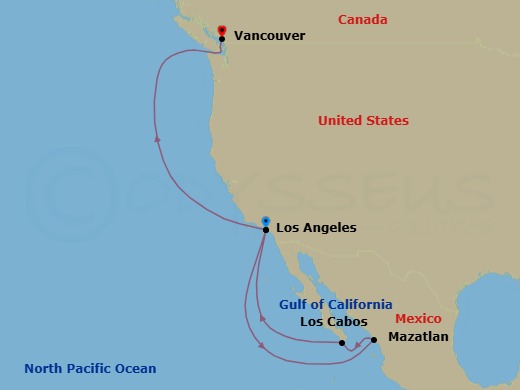 Route map for the Mexican Riviera and Pacific Coast voyage, Los Angeles to Vancouver.