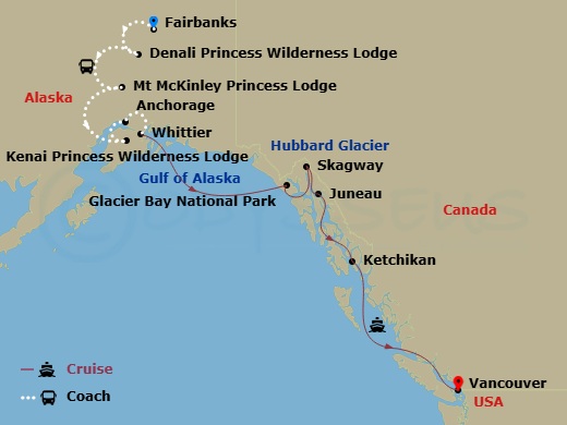 Route map for the National Parks Explorer Cruisetour, Fairbanks to Vancouver.