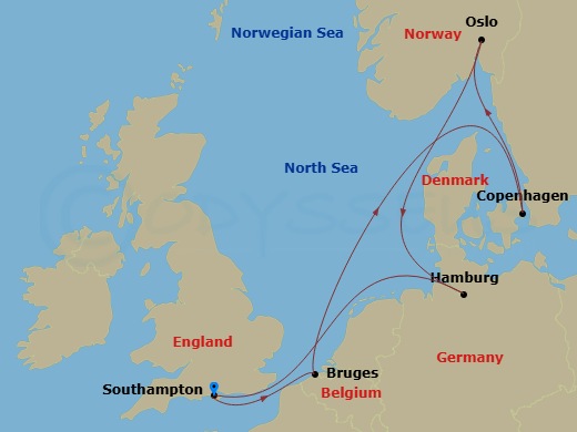 Northern City Escapes route map &mdash; roundtrip Southampton aboard Freedom of the Seas
