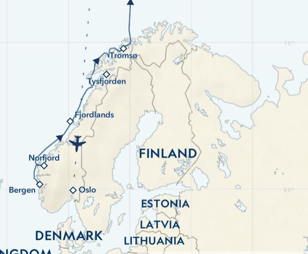 Route map &mdash; Norway's Fjords and Arctic Svalbard