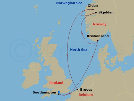 Norwegian Fjords route map &mdash; roundtrip Southampton aboard Freedom of the Seas