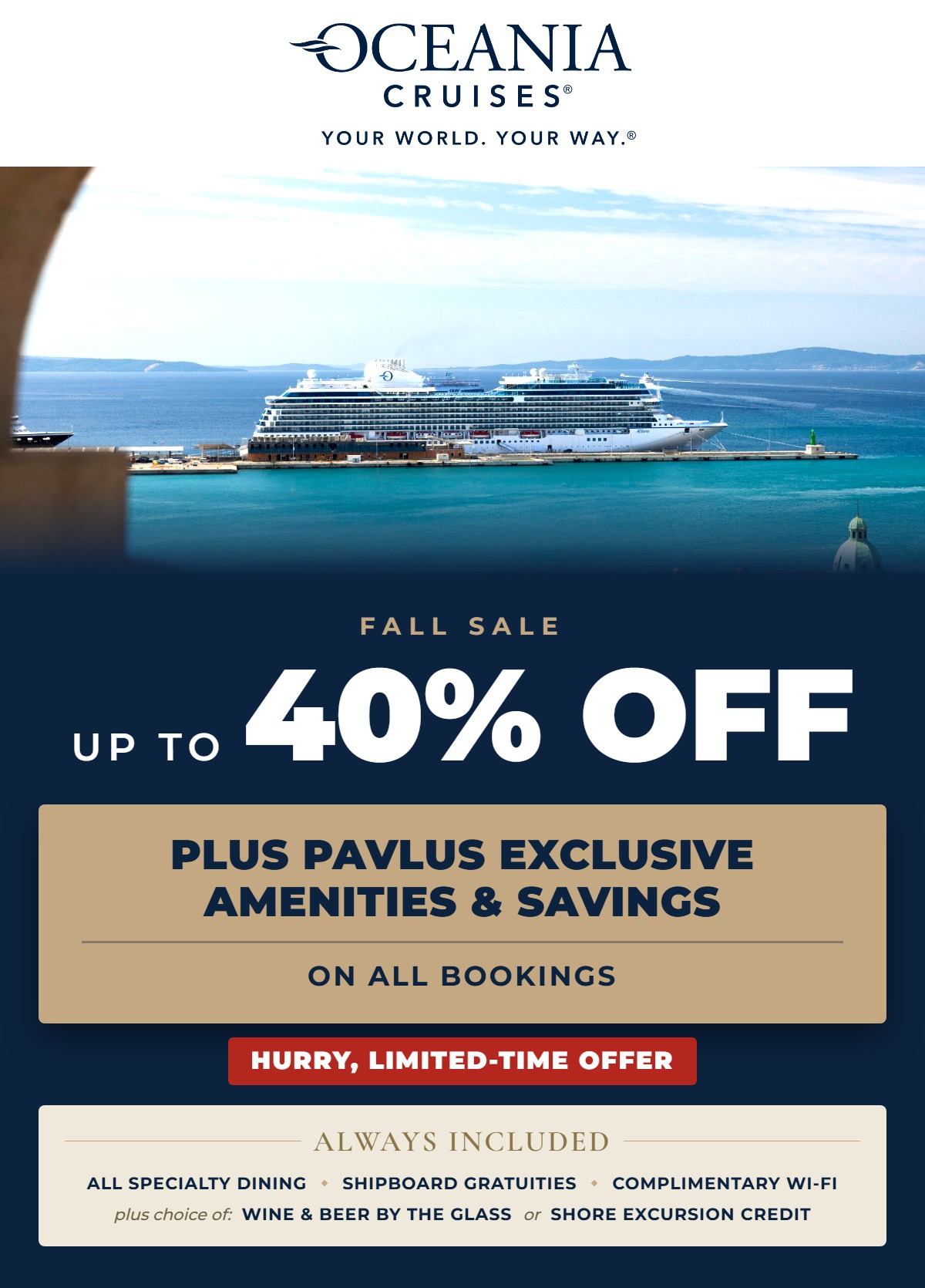 Oceania Cruises Fall Sale Event &mdash; Up to 40% Off &mdash; Plus Pavlus Exclusive Amenities and Savings