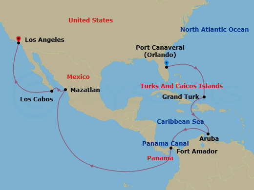 Route map for the Panama Canal &mdash; Ocean to Ocean voyage, Port Canaveral to Los Angeles.