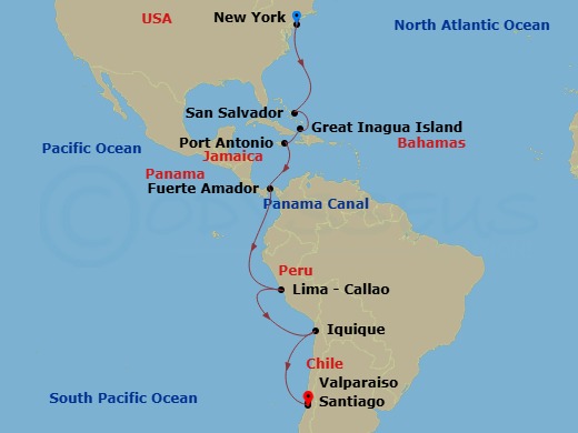Route map for the Panama Canal & the Americas expedition voyage, sailing from New York City to Santiago, Chile.