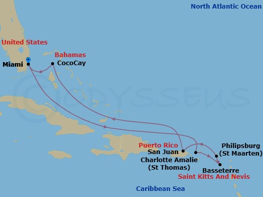 Perfect Day CocoCay and Caribbean Holiday route map &mdash; roundtrip Miami aboard Hero of the Seas