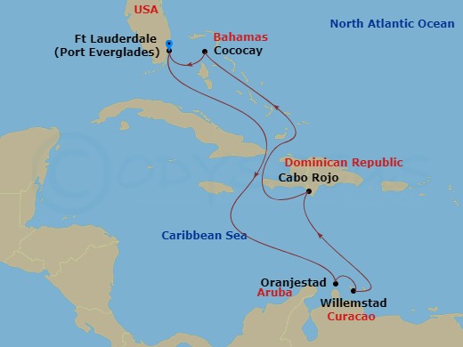 Perfect Day CocoCay and Caribbean route map &mdash; roundtrip Ft. Lauderdale aboard Legend of the Seas