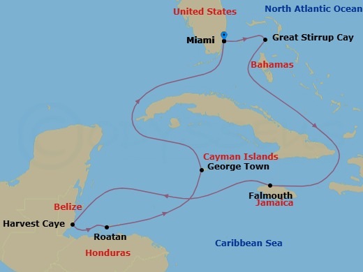 Route map: Rainforest to Reef &mdash; Roundtrip Miami