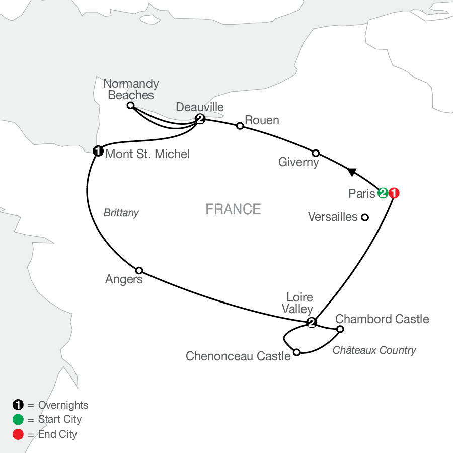 Paris, Normandy and Chateaux Country tour map
