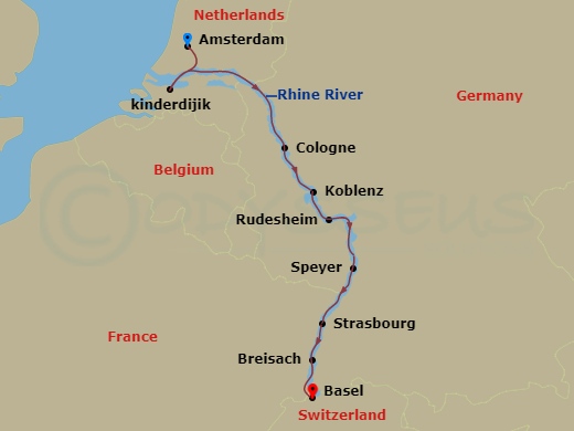 Route map for the Rhine Getaway river voyage, sailing from Amsterdam, Netherlands to Basel, Switzerland.