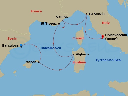Route map &mdash; Barcelona to Civitavecchia (Rome)