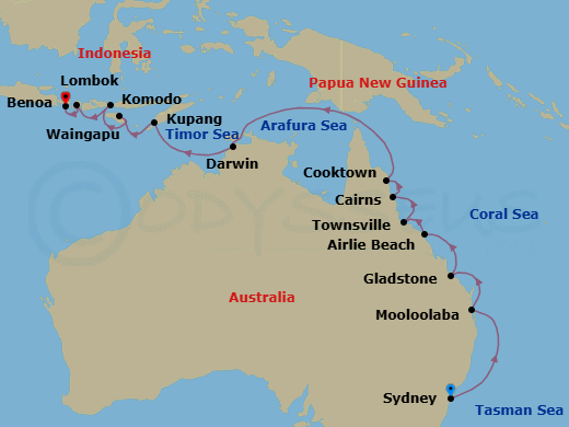 Route map: Roos, Reefs & Romance — Sydney to Bali