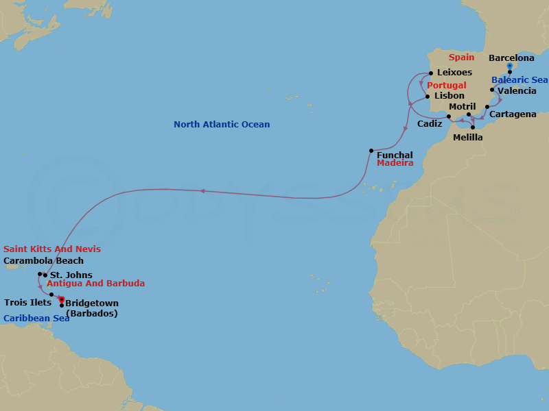 Atlantic Crossing & Iberian Peninsula &mdash; Route Map