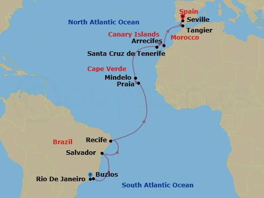 South America, Canary Islands & Spain &mdash; Route Map