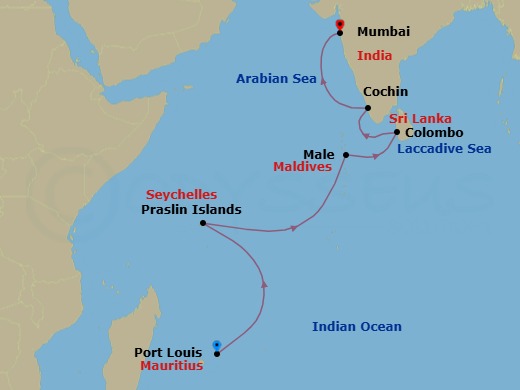 Route map: Seychelles to Sands — Port Louis to Mumbai