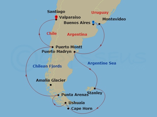 Route map for the South America and the Chilean Fjords voyage, sailing from Buenos Aires, Argentina to Santiago, Chile by way of the Falkland Islands and the Strait of Magellan.