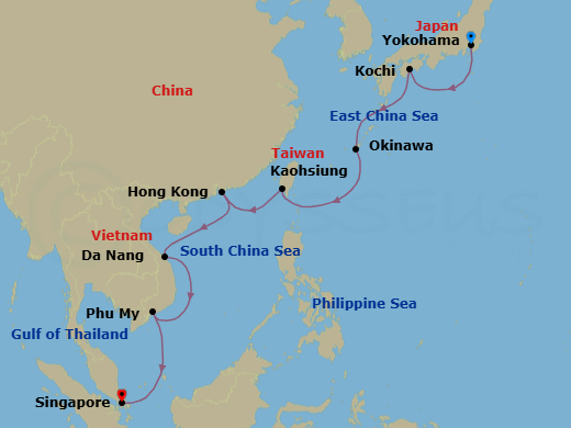 Route map for the Southeast Asia and Japan voyage, sailing from Tokyo (Yokohama) to Singapore.