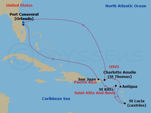 Route map for the Southern Caribbean with St. Lucia voyage, roundtrip from Port Canaveral.