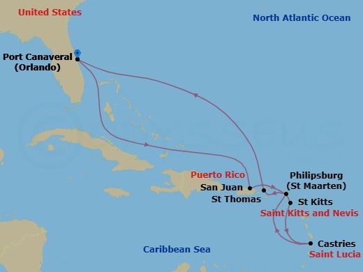 Route map for the Southern Caribbean with St. Lucia voyage, Roundtrip Port Canaveral.