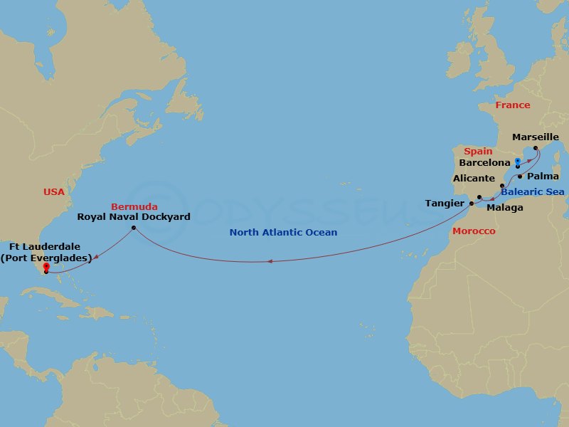 Spain & Bermuda Transatlantic route map