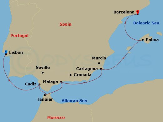 Route map for the Iconic Western Mediterranean voyage, sailing from Barcelona, Spain to Rome, Italy along the French Riviera and Tuscan coast.