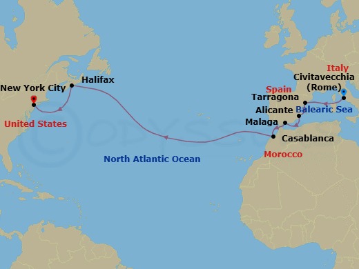 Route map: Splendid Atlantic Sojourn — Rome (Civitavecchia) to New York