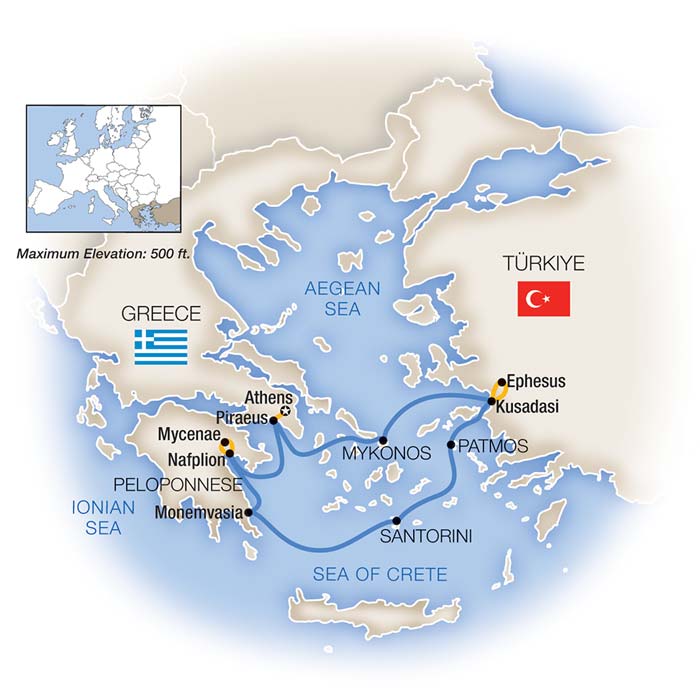 Route map: Athens &middot; Mykonos &middot; Ephesus &middot; Santorini