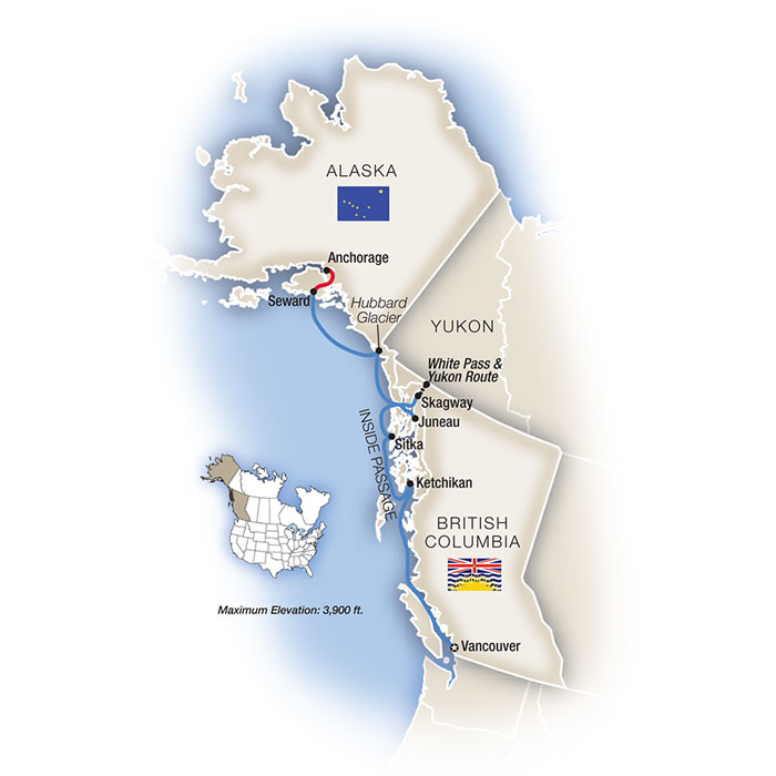 Route map: Anchorage &middot; Kenai Peninsula &middot; Juneau &middot; Ketchikan &middot; Vancouver