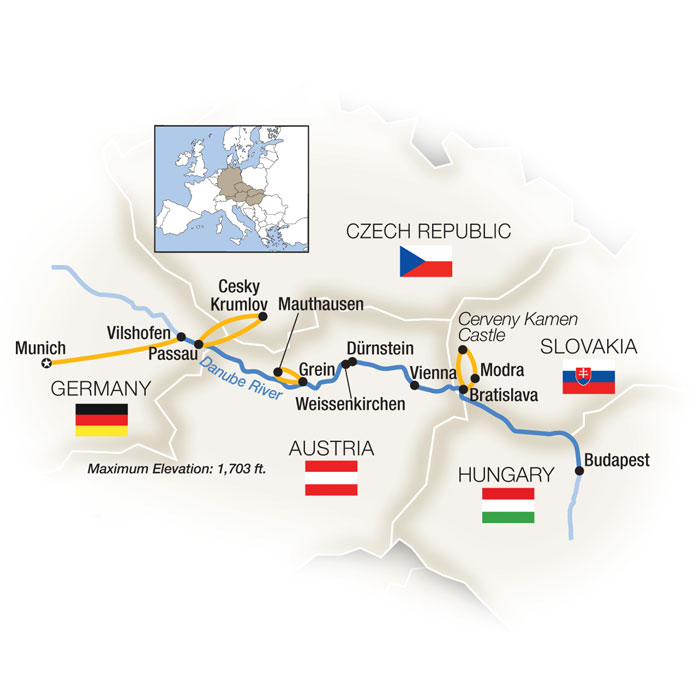 Route map: Passau &middot; Durnstein &middot; Vienna &middot; Bratislava &middot; Budapest