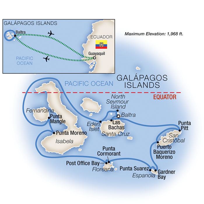 Route map: Guayaquil &middot; Baltra &middot; San Cristobal &middot; Floreana &middot; Santa Cruz