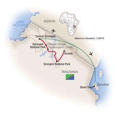 Route map: Arusha &middot; Serengeti National Park &middot; Tarangire National Park