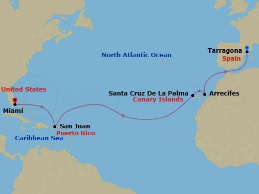Route map: The Magnificent Atlantic &mdash; Barcelona to Miami