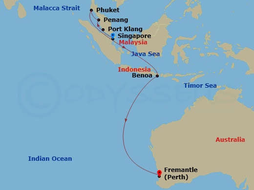 Route map for the Treasures of Southeast Asia voyage, sailing from Singapore to Perth (Fremantle).