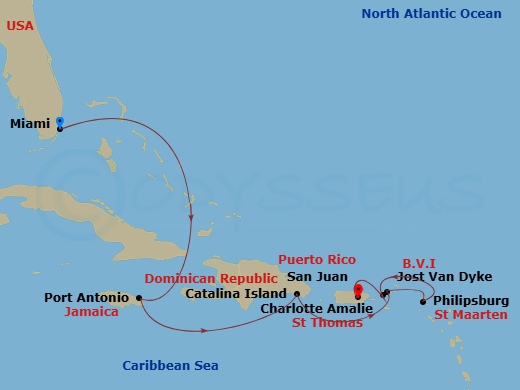 Route map &mdash; Miami to San Juan